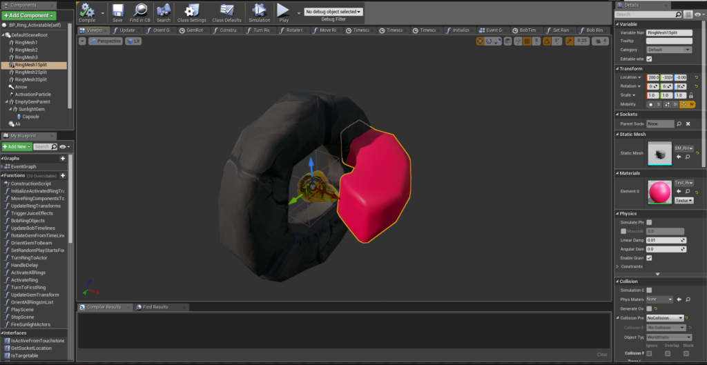 The Touchstone Ring's model in the Viewport. The red segment is the hidden duplicate static mesh that shows where the broken segments will be at the start of the game.